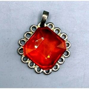 Vtg Sterling Silver 925 Large Orange Red Faceted Stone Scalloped Pendant 9.5g